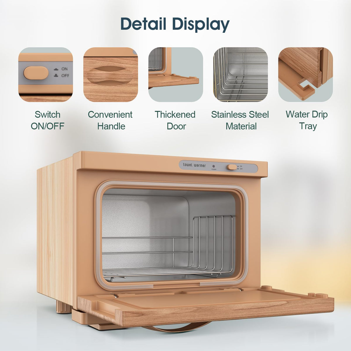 StateRiver towel warmer cabinet drip tray keeps setup mess-free after use.