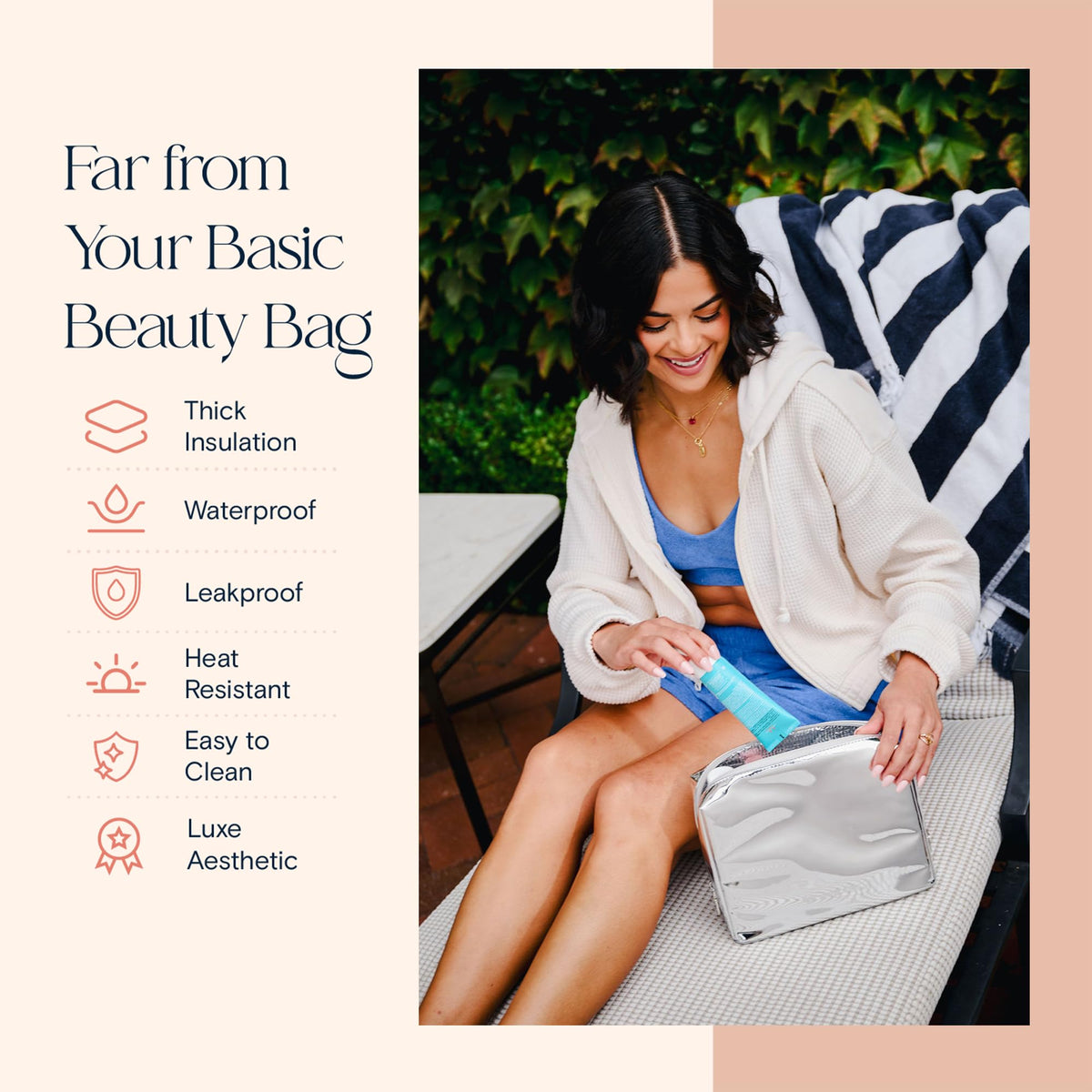 Stay Golden travel pouch with aluminum liner protects cosmetics from temperature changes.