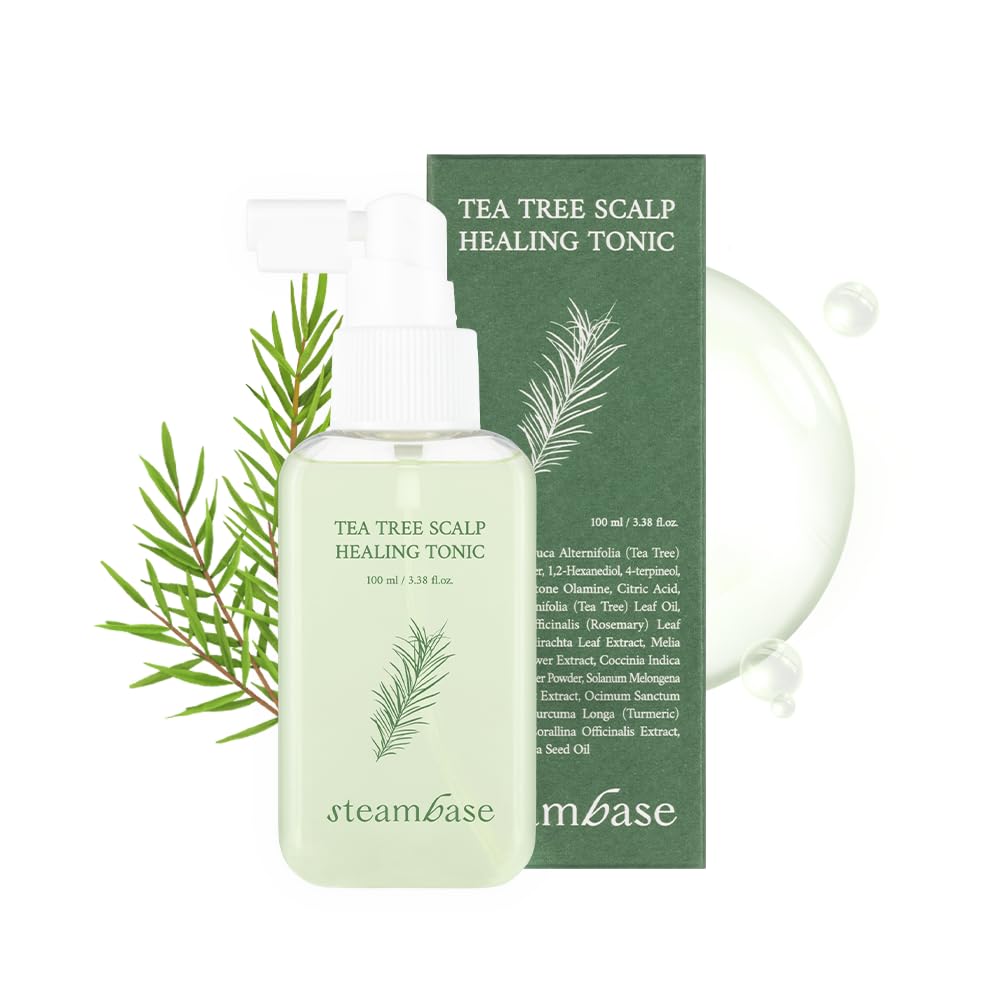 SteamBase Tea Tree Scalp Healing Tonic bottle shows calming spray for itchy scalp relief.
