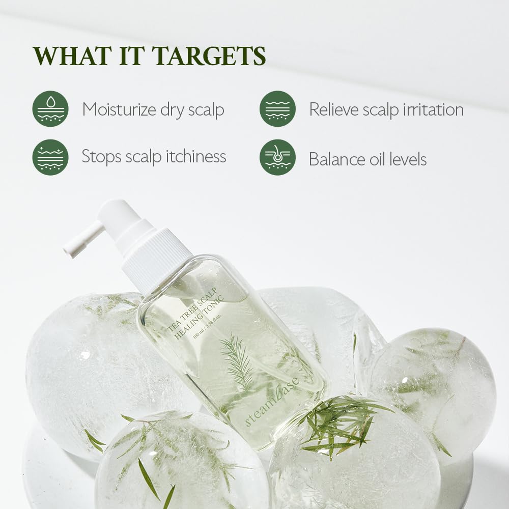 SteamBase Tea Tree Scalp Healing Tonic with rosemary and mint for cooling balance.