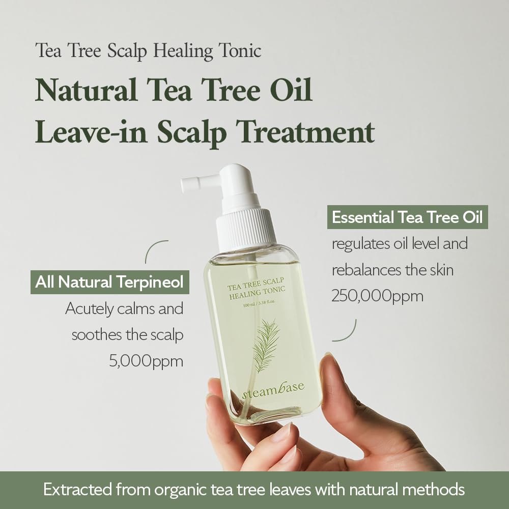 SteamBase Tea Tree Scalp Healing Tonic spray applied to roots for quick use.