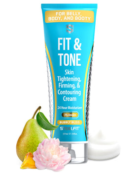 SteelFit Bubbly Bliss lotion bottle shows hydrating, firming care.
