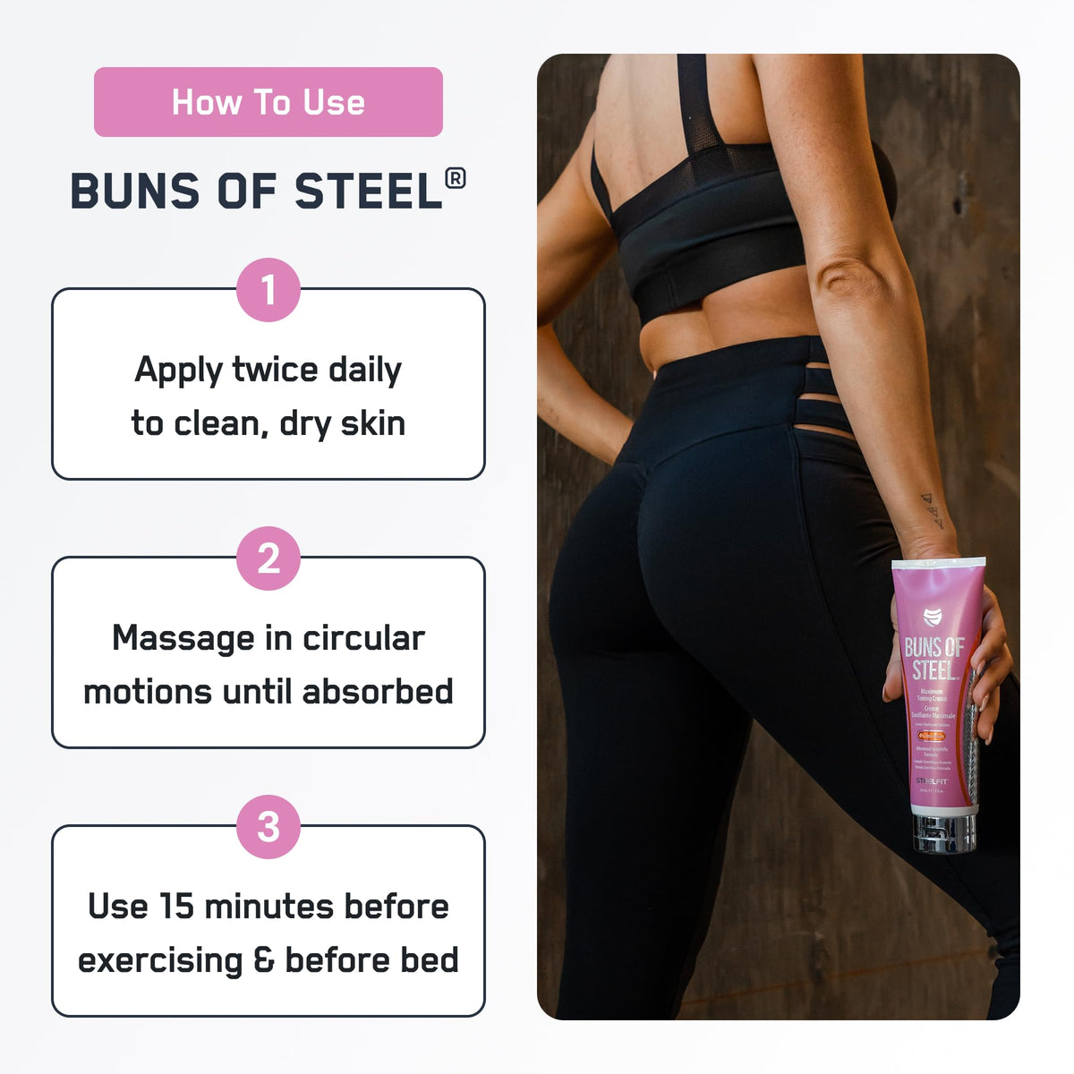 Close-up of SteelFit Buns of Steel cream texture hints at skin-firming benefits