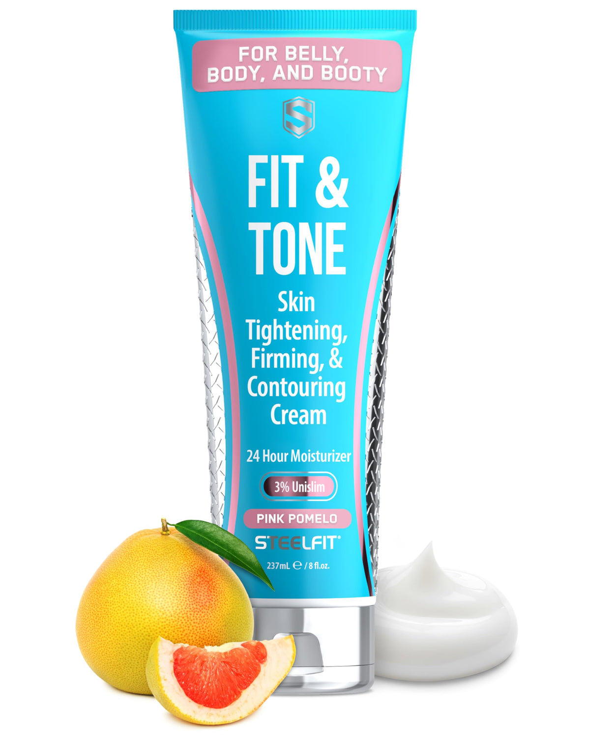 SteelFit Firming Body Lotion bottle highlighting contouring for a smoother silhouette.