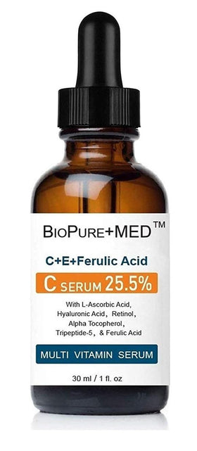 BioPureMED serum bottle pour shows premium vitamin C ferulic formula for brightness