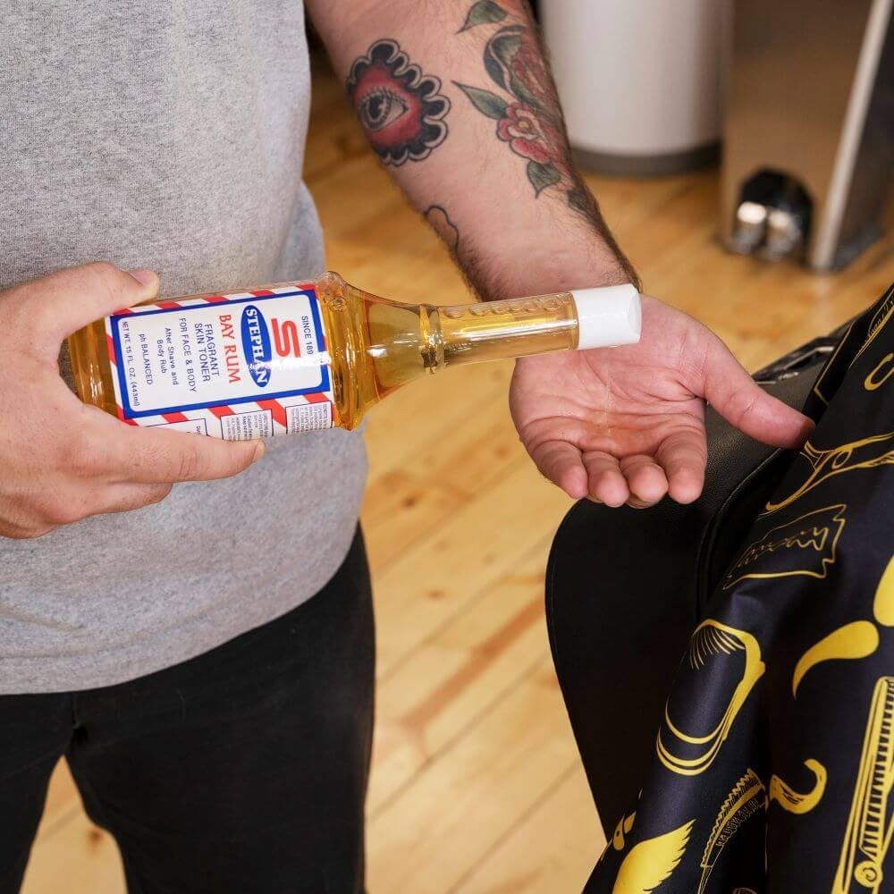 Gentle massage of Stephan's Bay Rum After Shave to help tone the skin