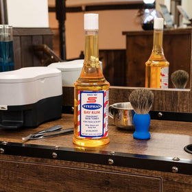 Stephan's Bay Rum After Shave packaging box and branding on display