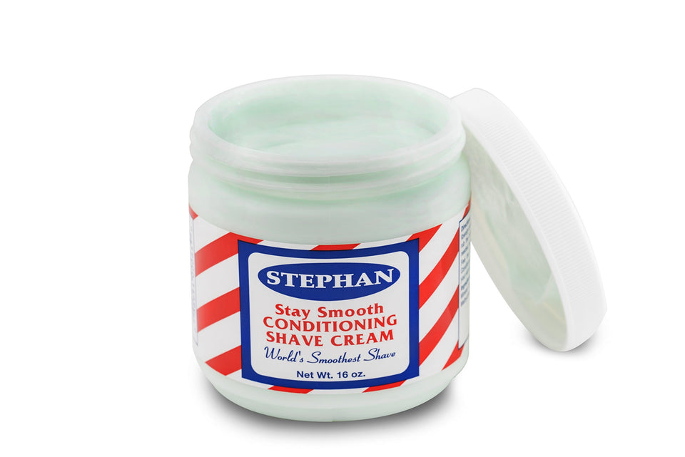 Stephan's Stay Smooth Conditioning Shave Cream bottle for a silky glide and skin conditioning.