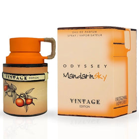 Sterling Parfums Odyssey Mandarin Sky Vintage Edition bottle close-up highlighting citrus notes for daytime wear