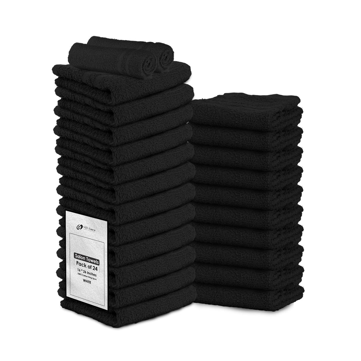 STF Linen 24-pack black hand towels front view for spa and gym use.
