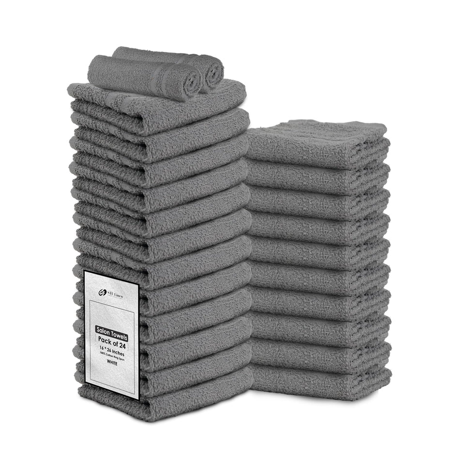 STF Linen hand towels 24-pack in grey, ultra-absorbent for salons and homes.