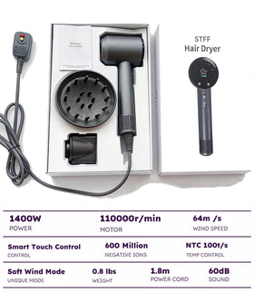 STFF ion hair dryer magnetic attachments enable versatile diffusion and curling.