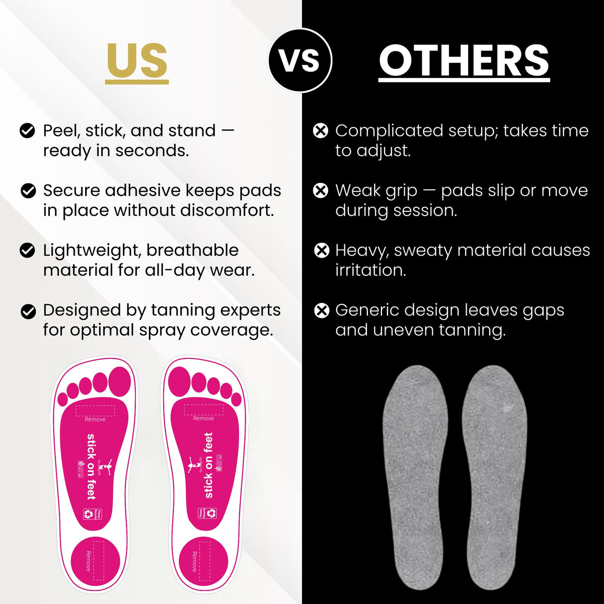 STICKONFEET tan-session-ready pads prevent staining while clients relax.