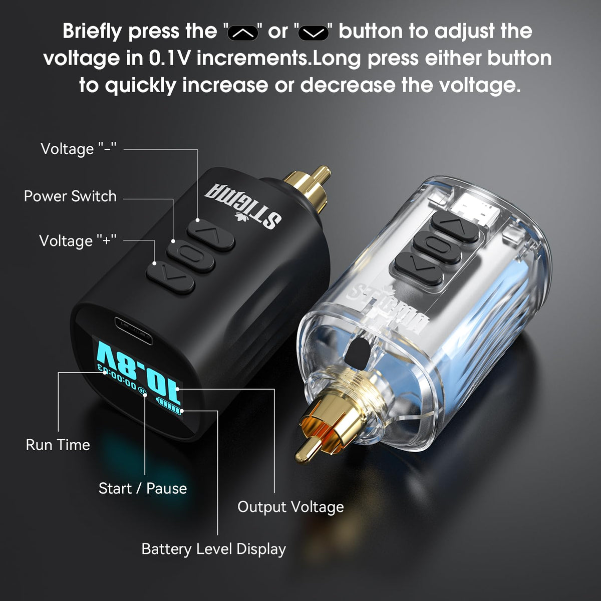 Stigma dual 1600mAh batteries enabling longer practice sessions with quick USB-C recharge