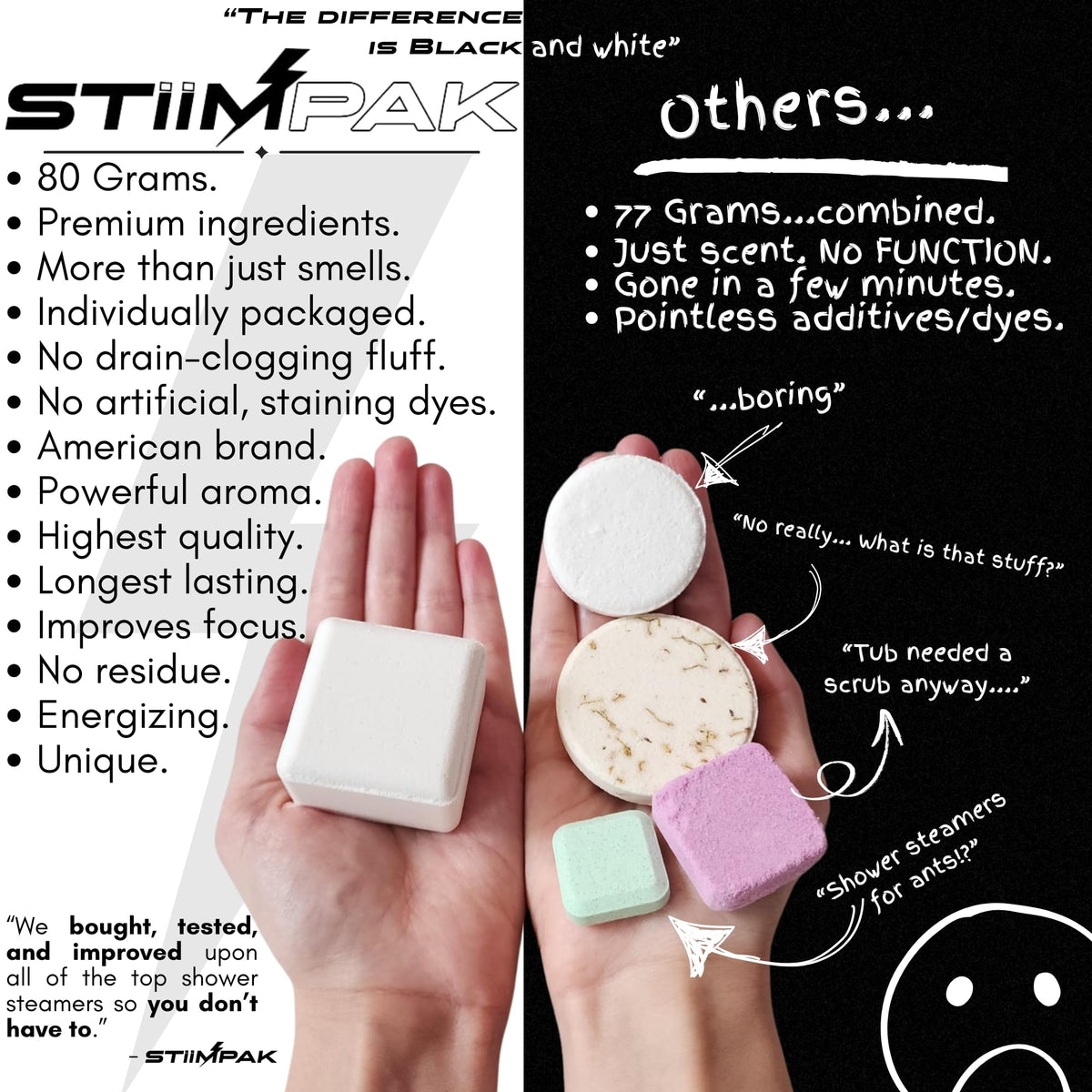 STiiMPAK Recovery shower steamer 80g no-mess design sits on shower floor