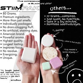 STiiMPAK Recovery shower steamer 80g no-mess design sits on shower floor
