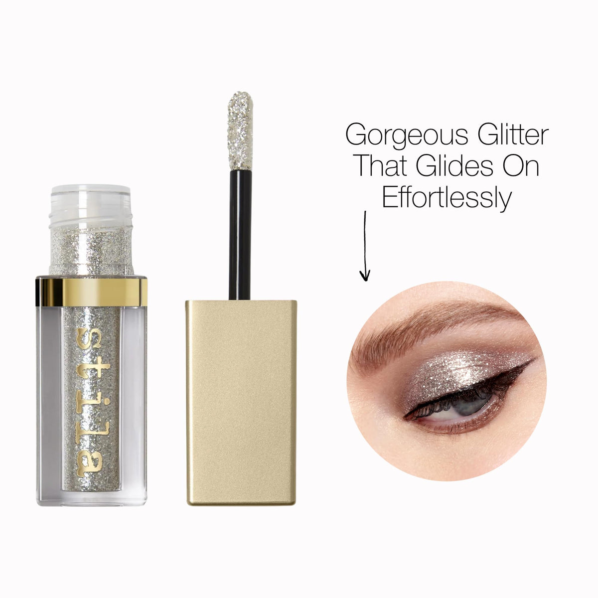 Stila Magnificent Metals bottle image highlights lightweight wear and product sparkle