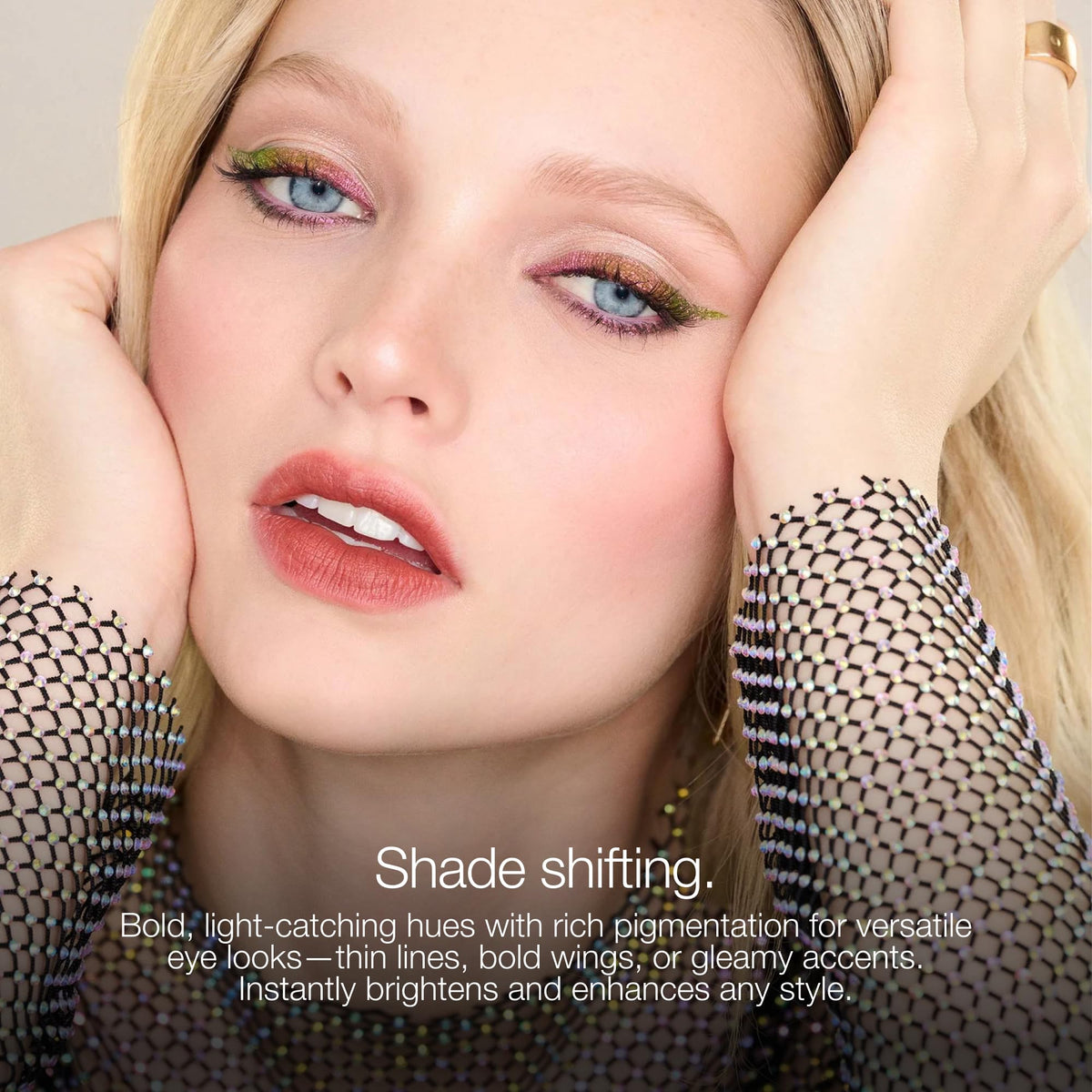 Eye look using stila Chroma-Flash liner to define lash line with chrome shine.