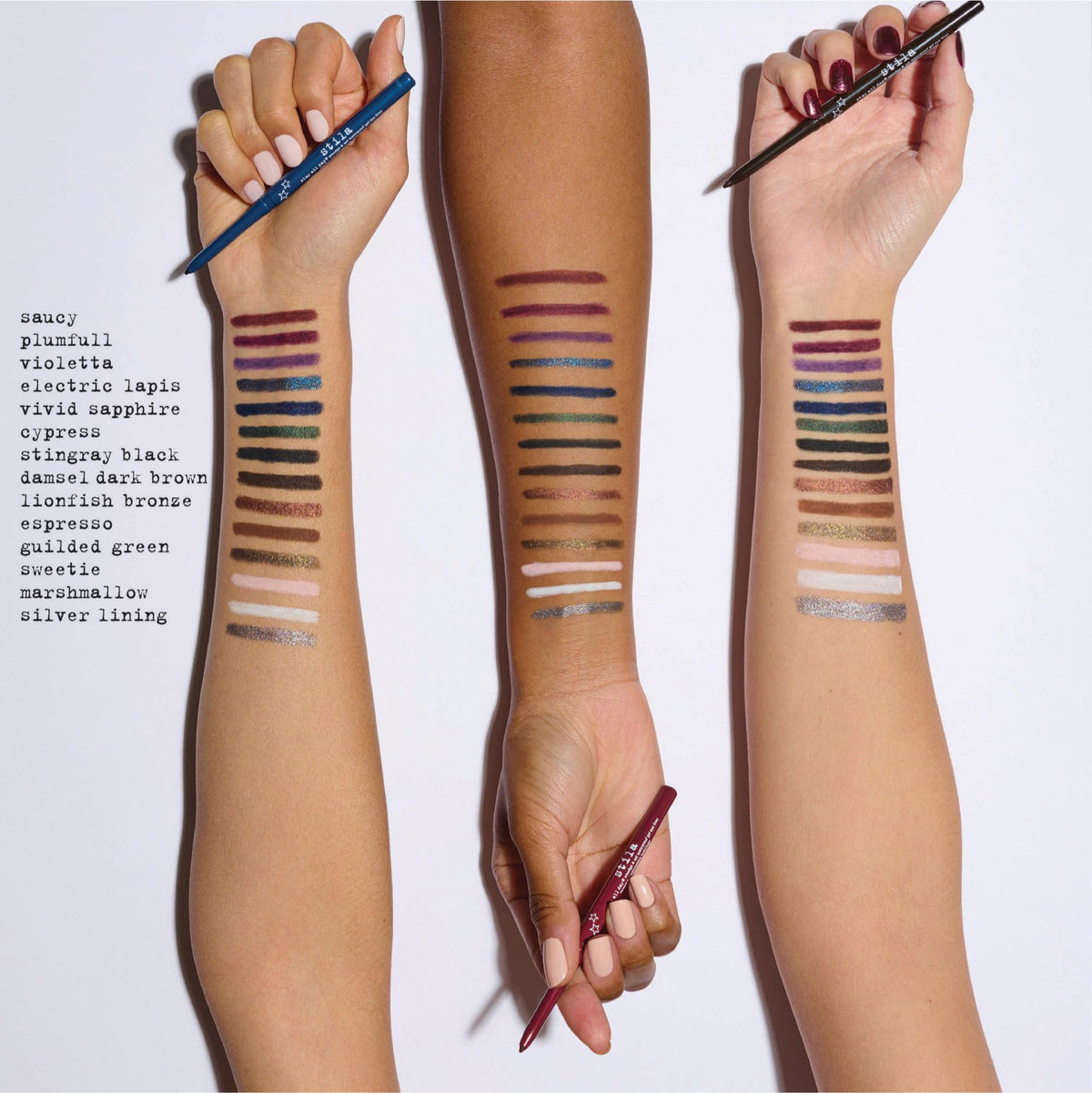 Stila Stay All Day gel liner color swatches showing rich payoff.