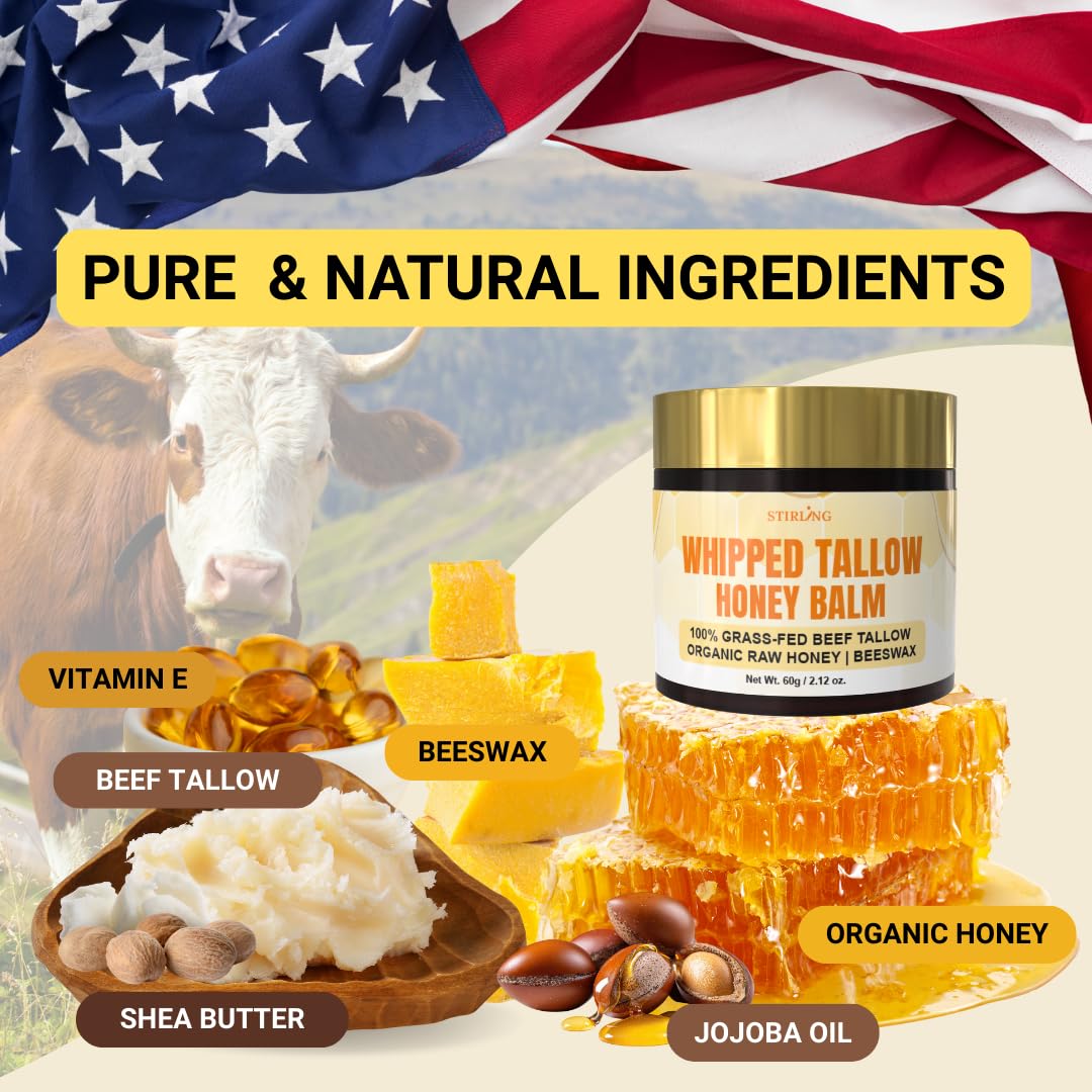 STIRLING whipped tallow balm honey cream texture swirls, ideal for daily skin nourishment.