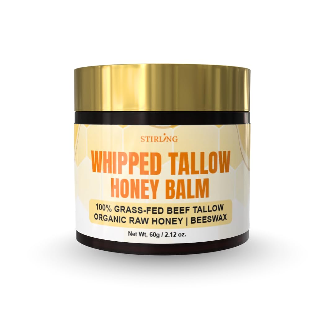 STIRLING whipped tallow balm honey jar closeup for deep, non-greasy hydration.