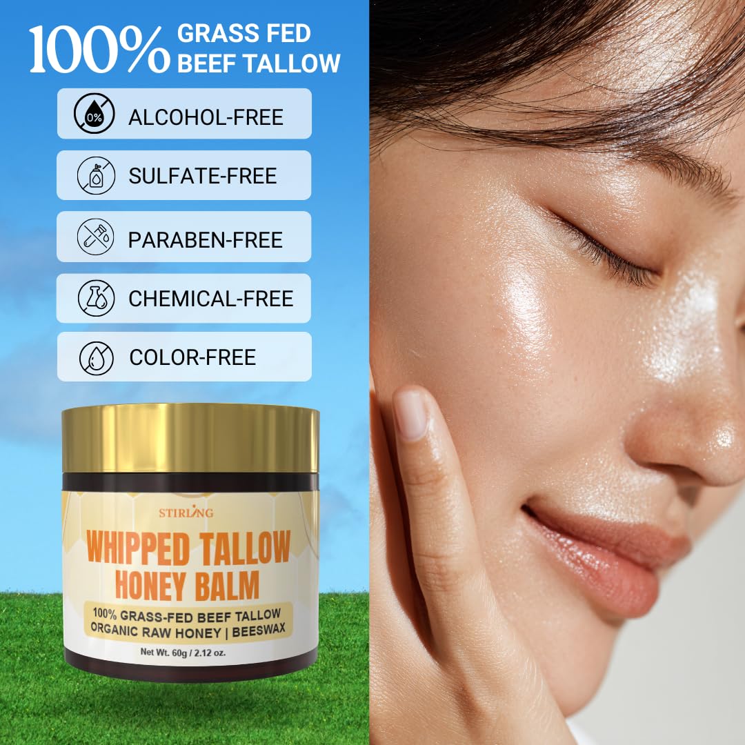 STIRLING whipped tallow balm honey being massaged into damp skin for instant hydration.