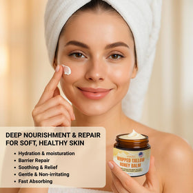 STIRLING whipped tallow balm honey on hands shows multi-use cream for face and body.