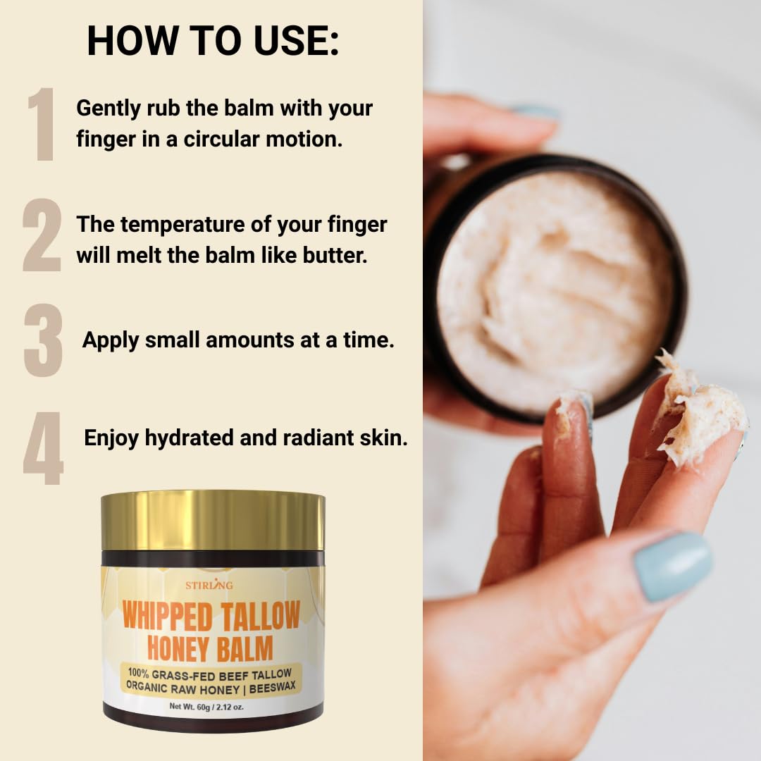 STIRLING whipped tallow balm honey on skin demonstrates fast-absorbing moisture.