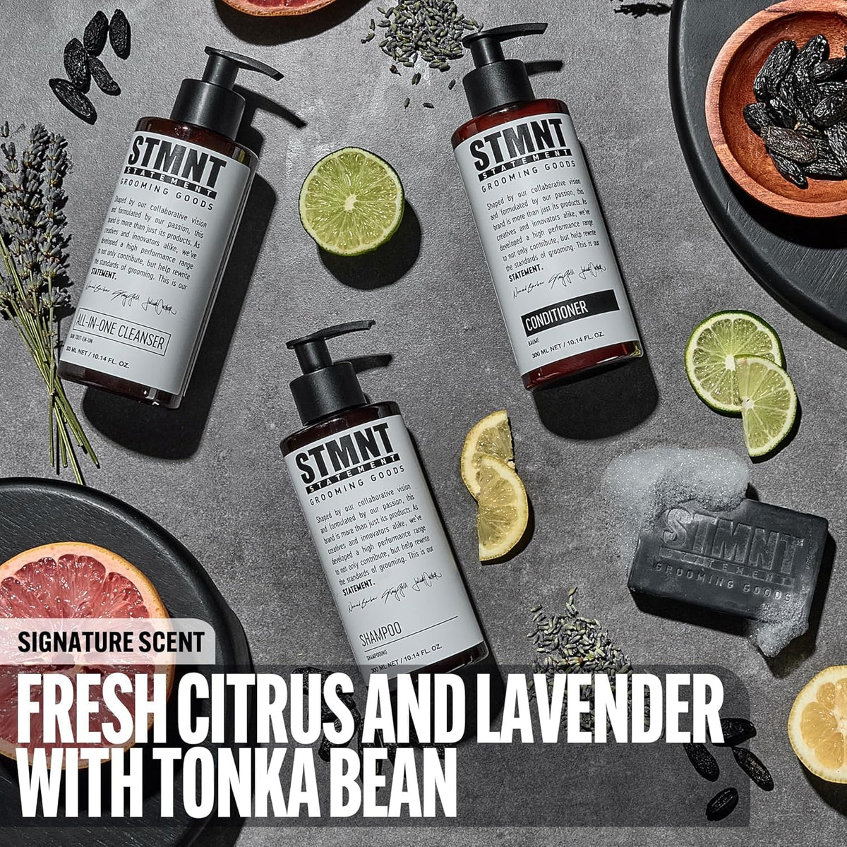 STMNT rich lather application demonstrates efficient cleansing in shower.