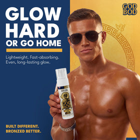 Aloe Vera leaf beside God Bod bottle emphasizing hydrating tan formula.