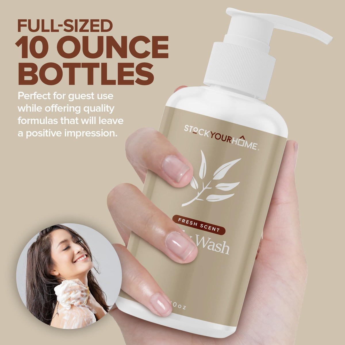 Stock Your Home body wash bottle tilted for easy-grip and guest convenience.