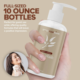 Stock Your Home body wash bottle tilted for easy-grip and guest convenience.