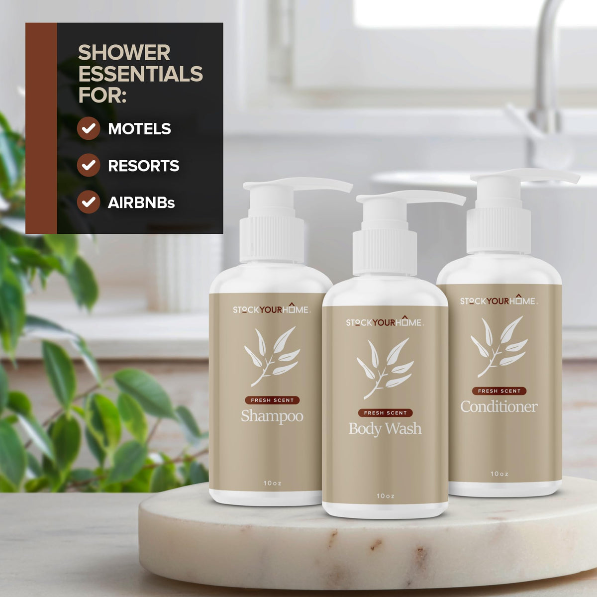 Stock Your Home guest bathroom display showing a complete three-piece set for guests.