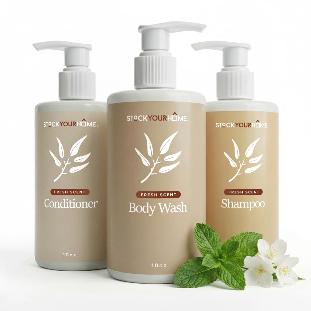 Stock Your Home shampoo bottle front view, clearly labeled for quick guest room use.