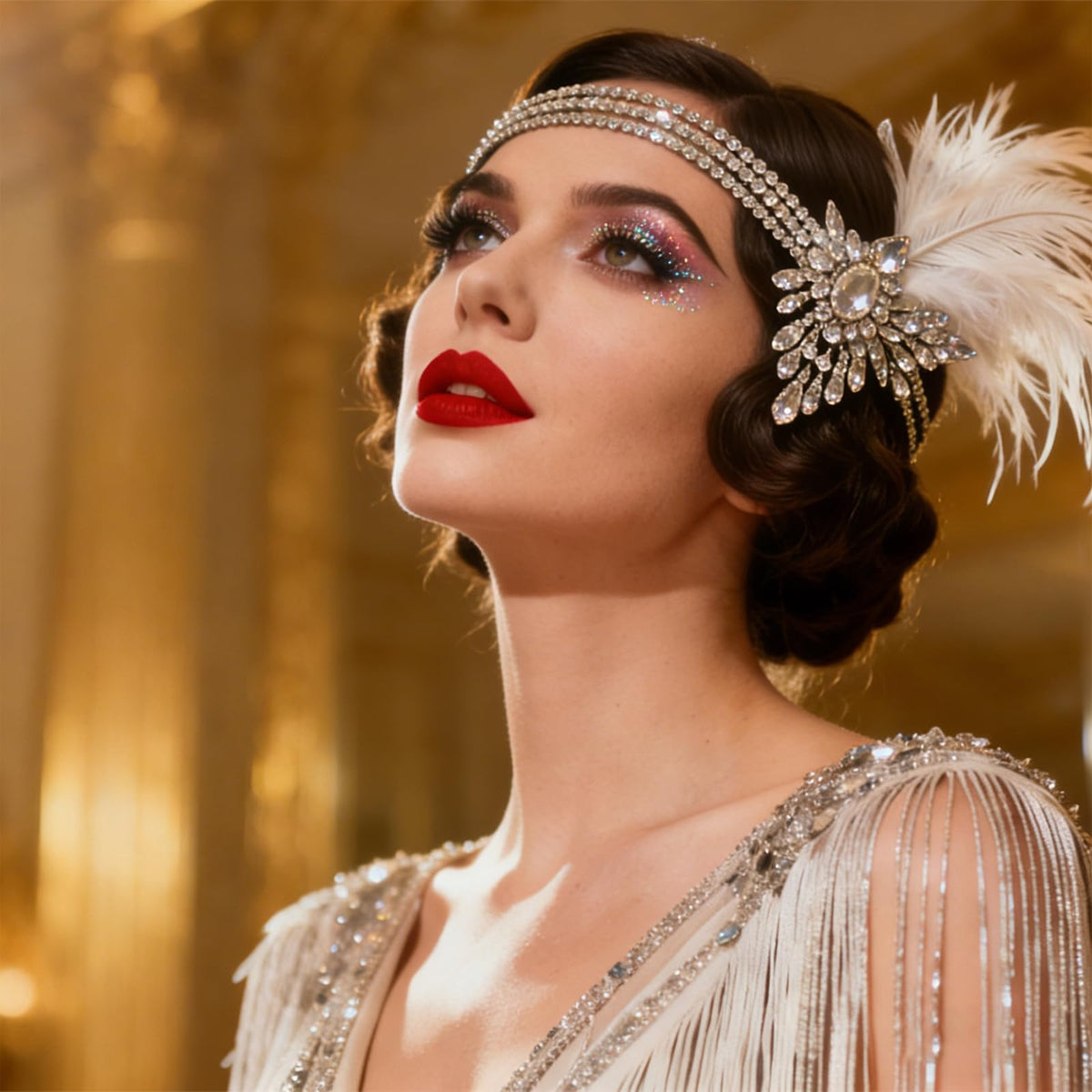 STONEFANS Gatsby-style headpiece complements silver gowns or black flapper dresses.
