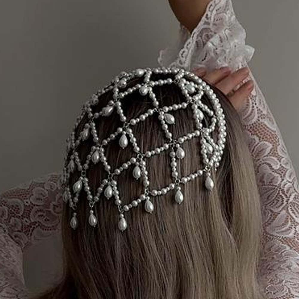 STONEFANS Gold Pearl Headpiece on model for vintage glamour