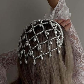 STONEFANS Gold Pearl Headpiece on model for vintage glamour