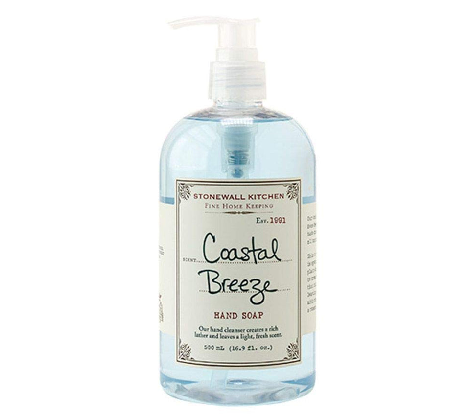 Stonewall Kitchen Coastal Breeze Hand Soap bottle with pump delivers vitamin-enriched softness.