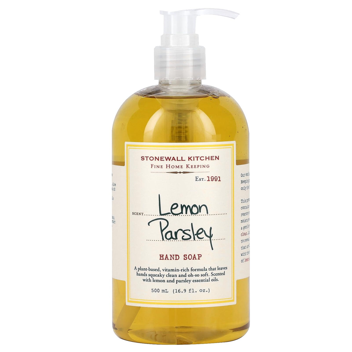 Stonewall Kitchen Lemon Parsley Hand Soap bottle with bright citrus scent and herb notes