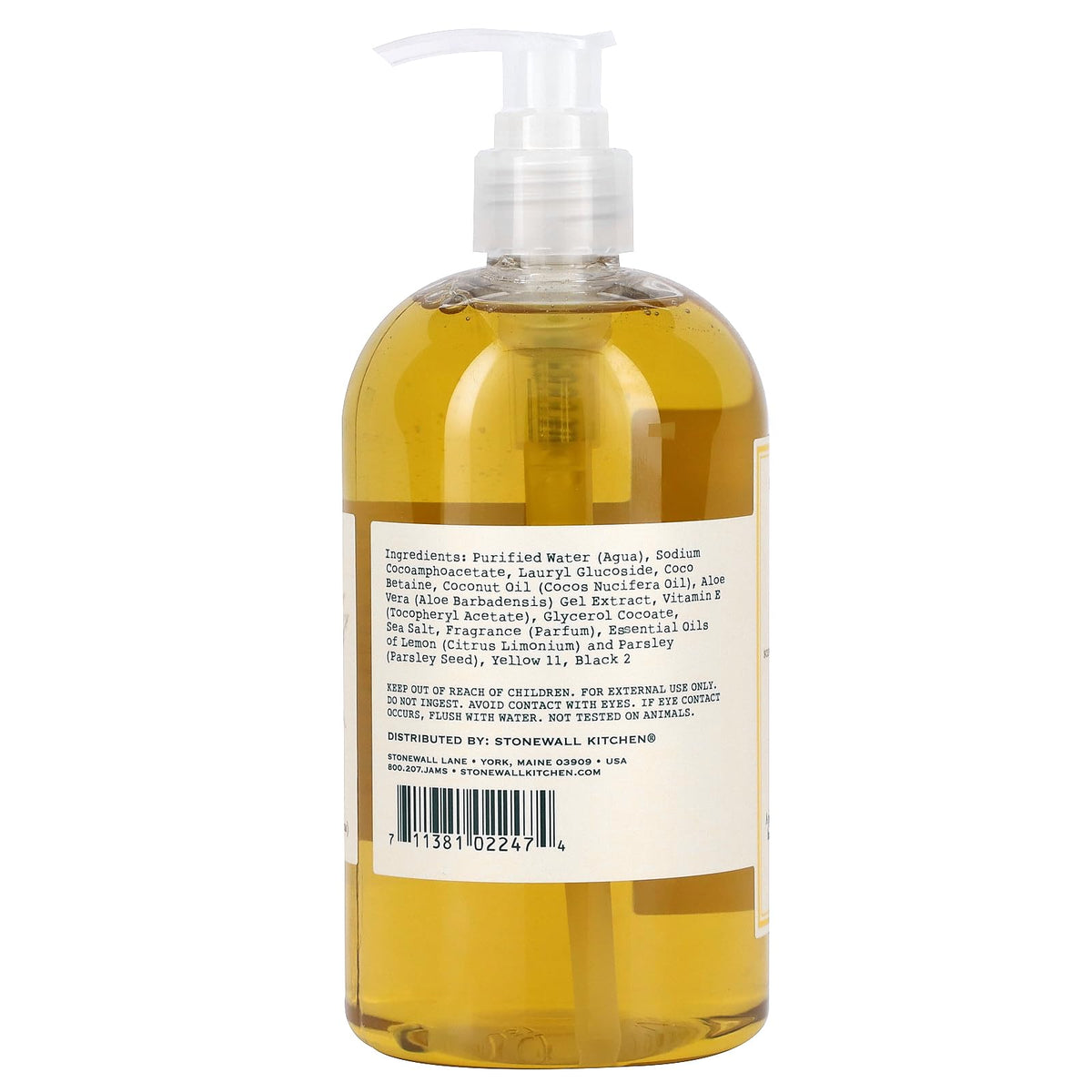 Stonewall Kitchen Lemon Parsley Hand Soap label closeup showing vibrant packaging