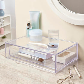 STORi Audrey organizer in bathroom cabinet holds mirrors and brushes