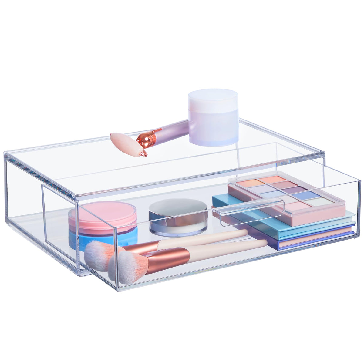 STORi Audrey stackable clear bin displaying eyeshadow palettes on a vanity