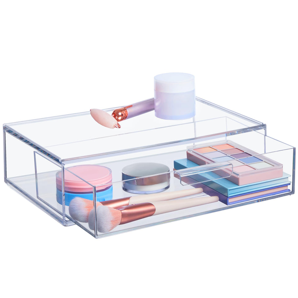 STORi Audrey stackable clear bin displaying eyeshadow palettes on a vanity