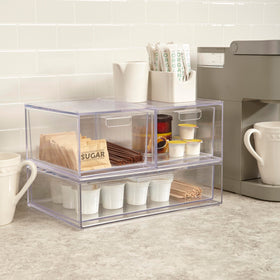 STORi Audrey vanity setup with multiple bins for neat organization