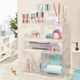 STORi Audrey clear vanity organizer arranges eyeshadow palettes for easy selection