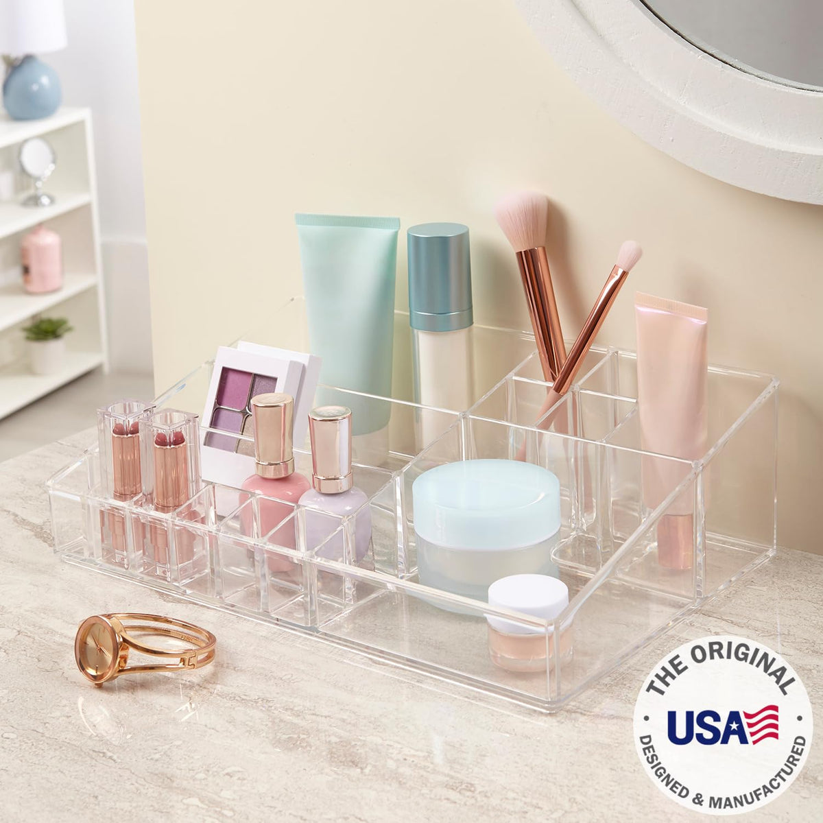 STORi Audrey clear vanity organizer side view reveals spacious compartments for foundations