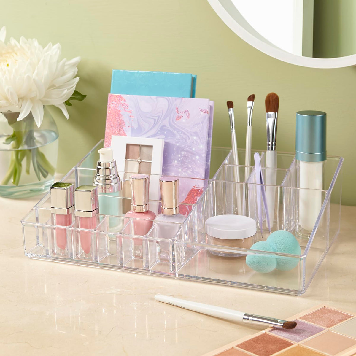 STORi Audrey clear vanity organizer stacks with Audrey drawers for expandable storage