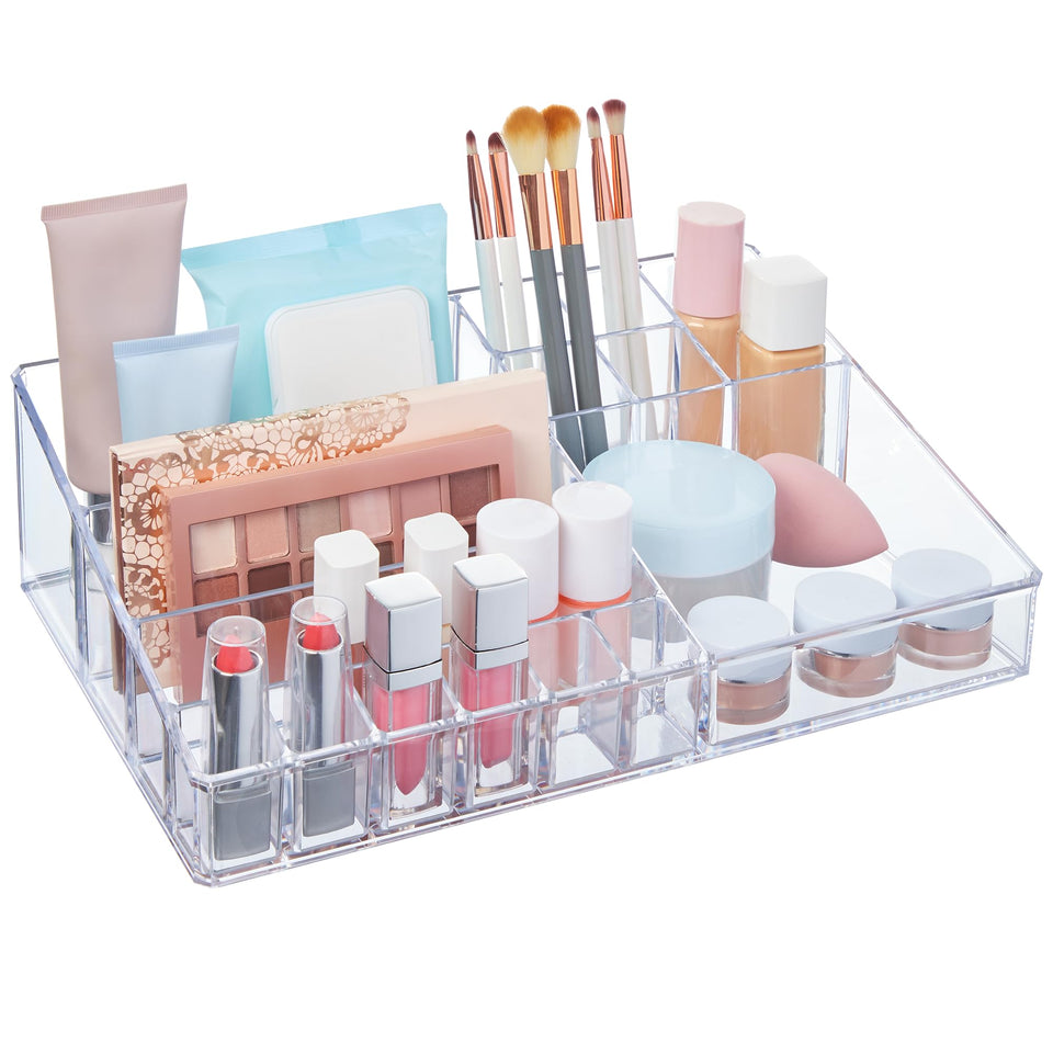 STORi Audrey clear vanity organizer top view for quick access to brushes and makeup