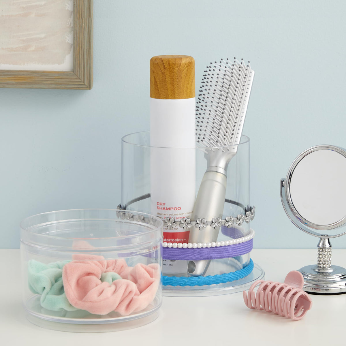 STORi Bella hairbrush holder provides quick access to brushes in the bathroom.