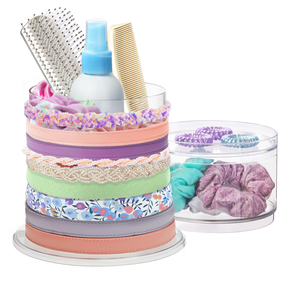 STORi Bella stackable headband holder keeps bands organized and visible on the vanity.